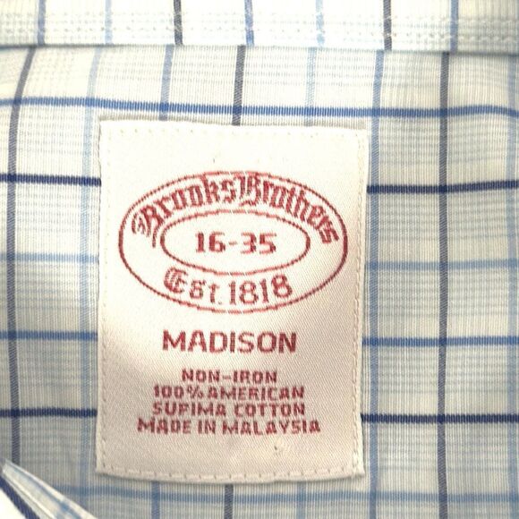 Brooks Brothers Cotton Button Up Shirt Madison Fit White Blue Check Plaid 16-35 - Picture 9 of 9